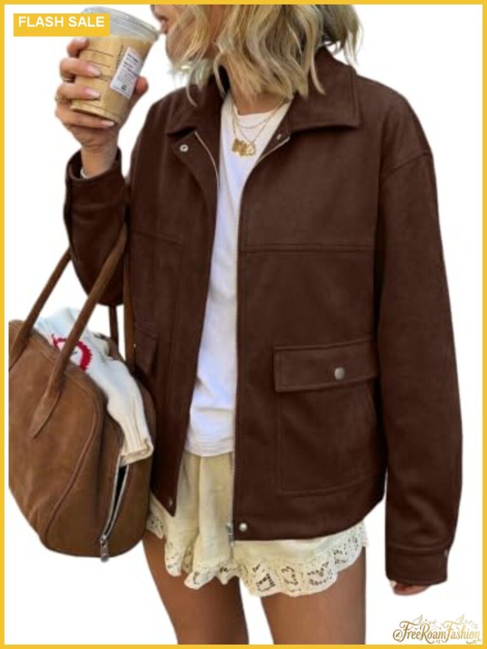 Faux Suede Bomber Jacket Long Sleeve Zip Up Casual Fall Outerwear